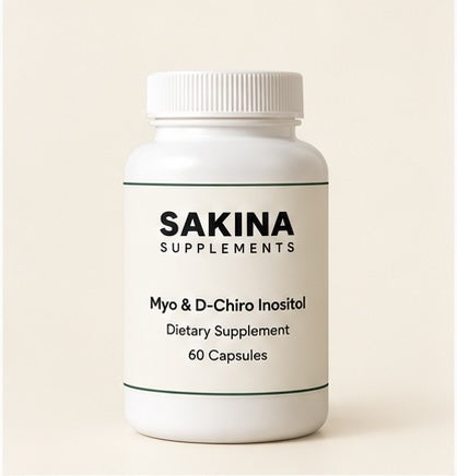 Sakina Supplements Myo & D-Chiro Inositol, white bottle with cream label, front view