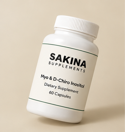 Sakina Supplements bottle tilted at an angle on a sand background