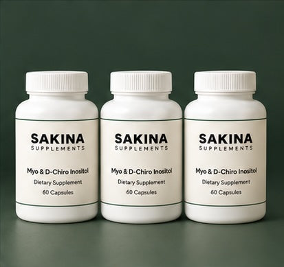 Three Sakina Supplements bottles side by side, the three-month supply